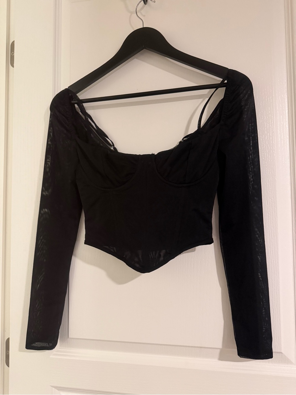White Fox Boutique Black Long-Sleeve Mesh Corset Bodysuit